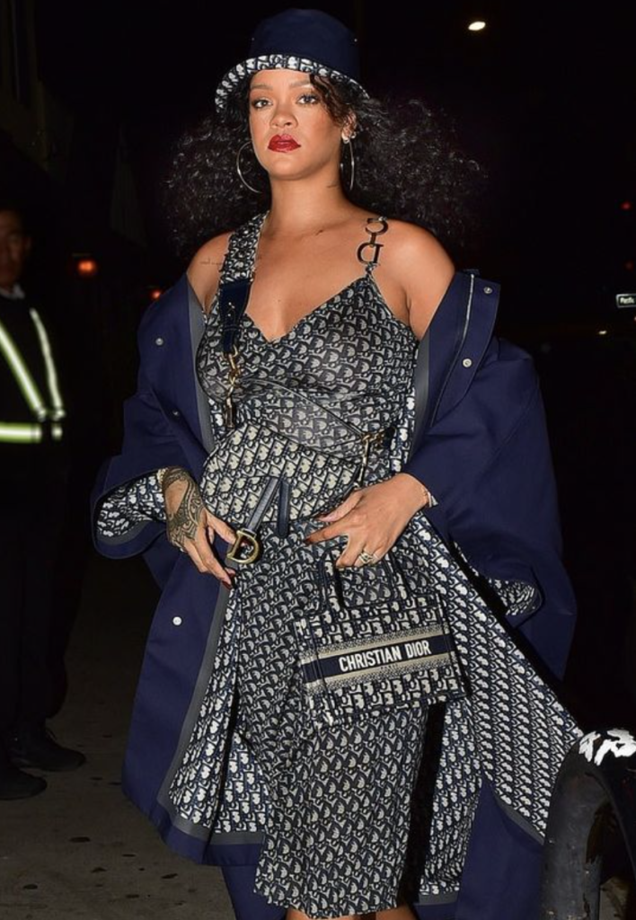 Rihanna in all over Dior dress with logos